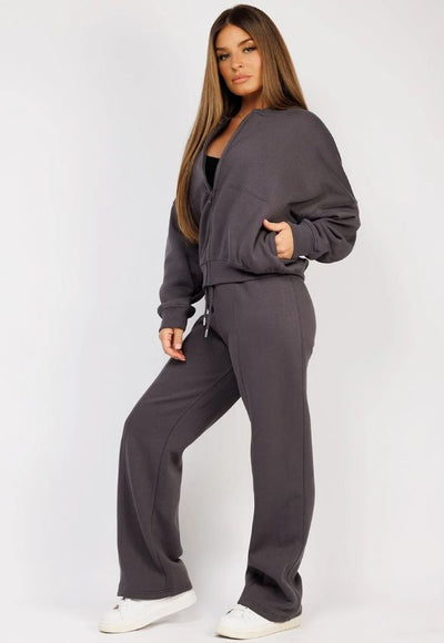 Charcoal Grey Fleece Bomber Wide-Leg Trousers Tracksuit