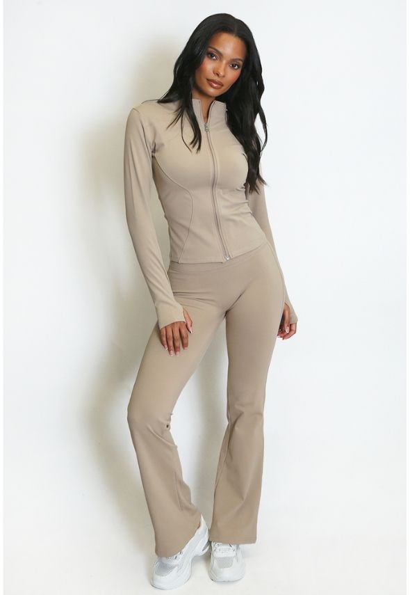 Fleece Lined Active Zip Top with Push Up Flare Trouser Beige