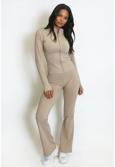 Fleece Lined Active Zip Top with Push Up Flare Trouser Beige