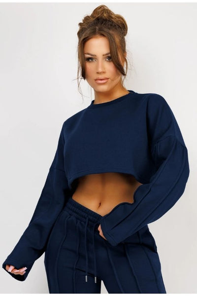 Navy Cropped Sweatshirt And Pintuck Detail Joggers Tracksuit