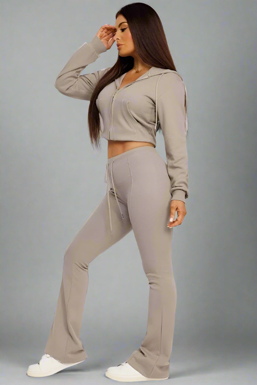 Taupe Cropped Bootcut Sweatshirt And Joggers Tracksuit