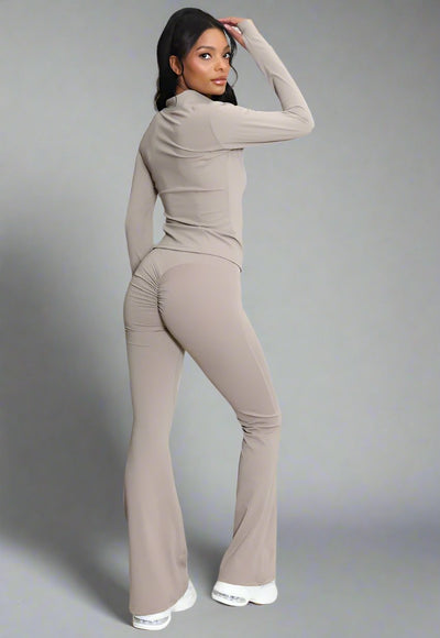 Active Zip Top And Push Up Flare Trouser Set Taupe