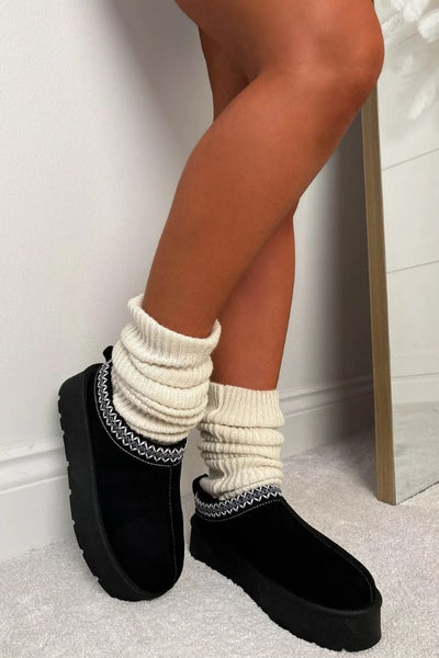 Luxury Black Aztec Detail Faux Fur Lining Platform Boot