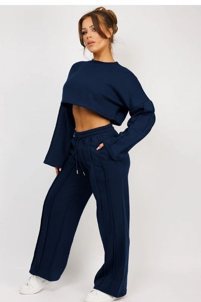 Navy Cropped Sweatshirt And Pintuck Detail Joggers Tracksuit