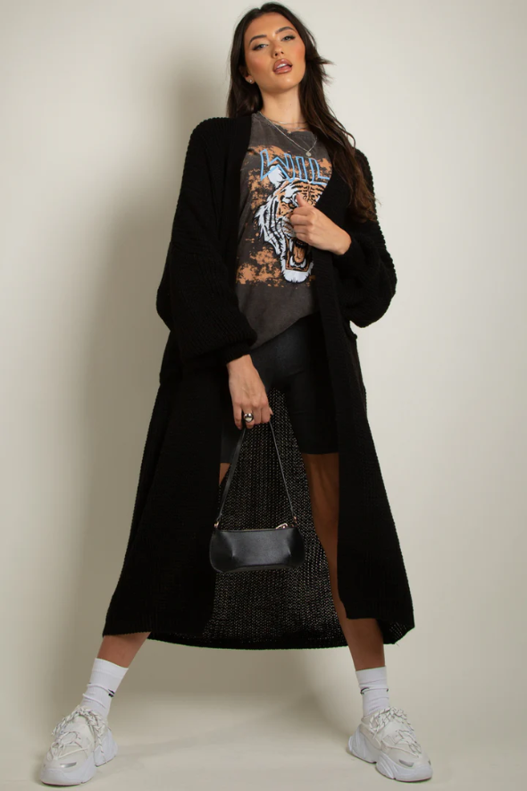 Oversize Longline Knitted Cardigan Black