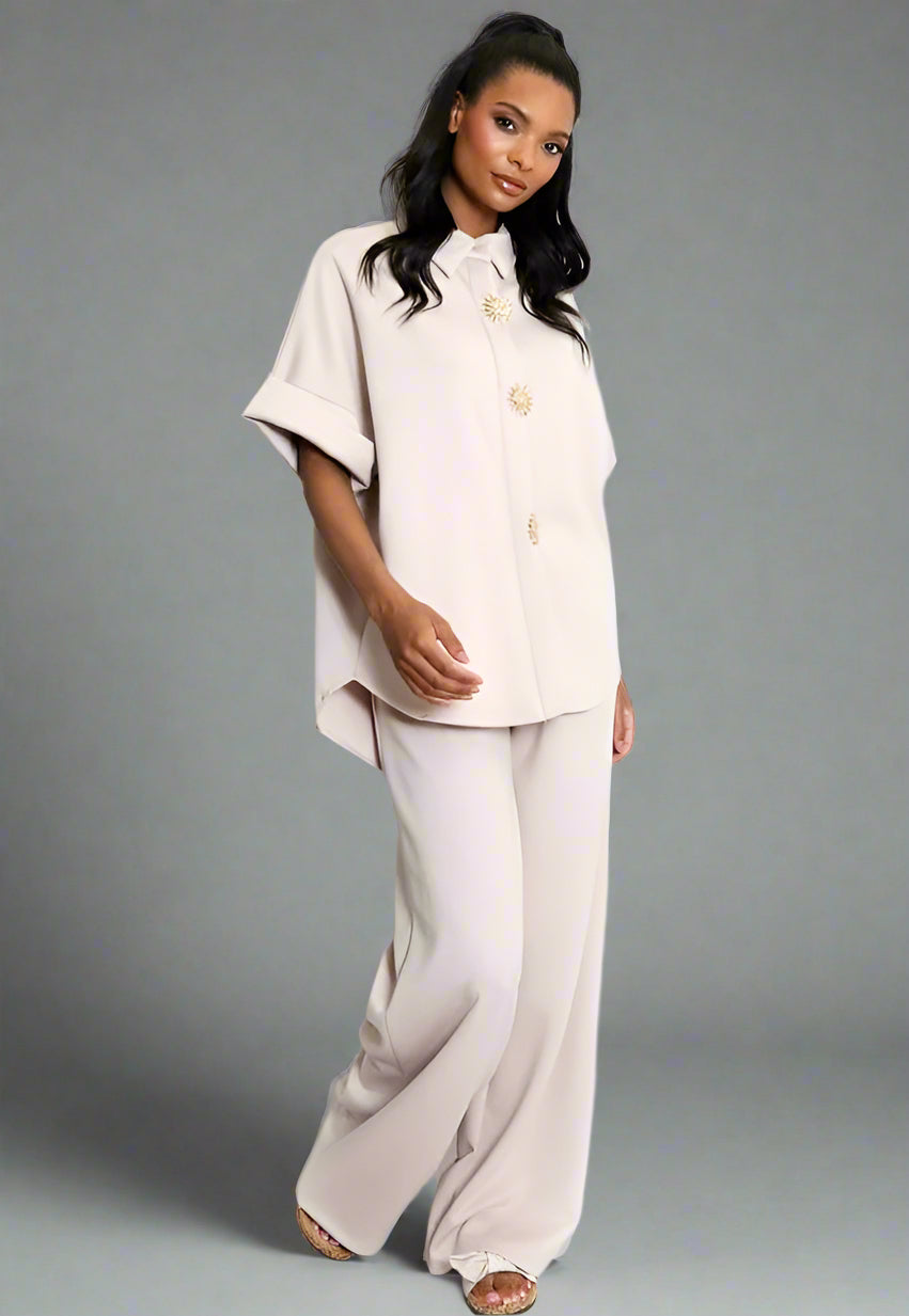 Sun Button Blouse And Trouser Set Cream