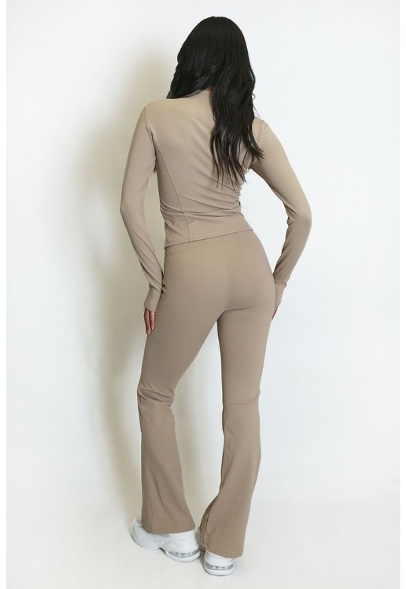 Fleece Lined Active Zip Top with Push Up Flare Trouser Beige