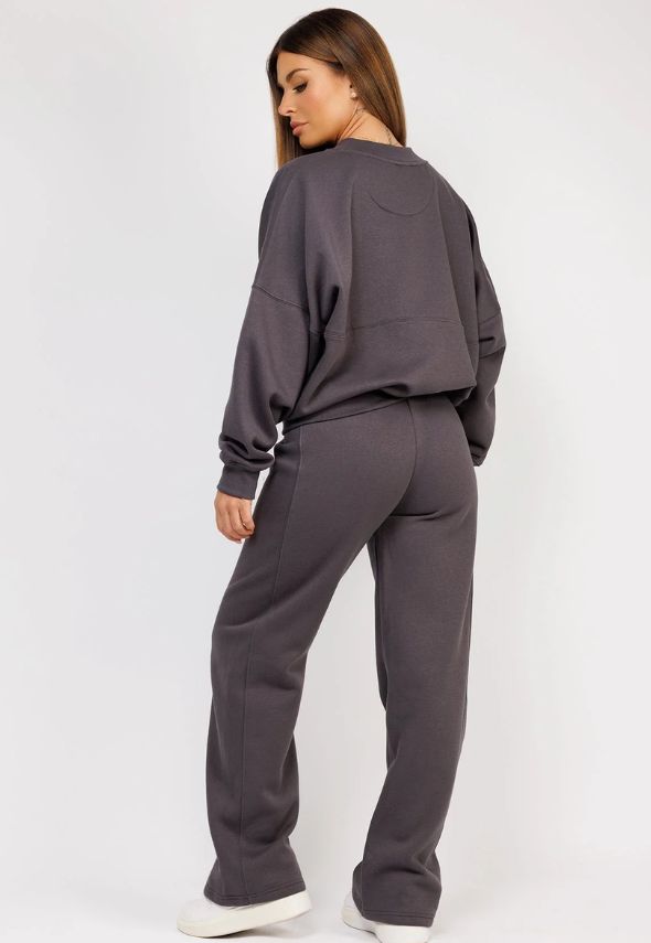 Charcoal Grey Fleece Bomber Wide-Leg Trousers Tracksuit