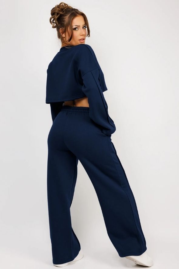 Navy Cropped Sweatshirt And Pintuck Detail Joggers Tracksuit