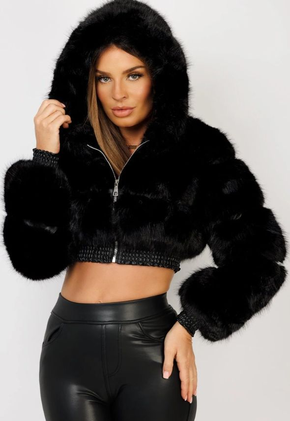 Black Cropped Hooded Faux Fur Tiered Coat Jacket