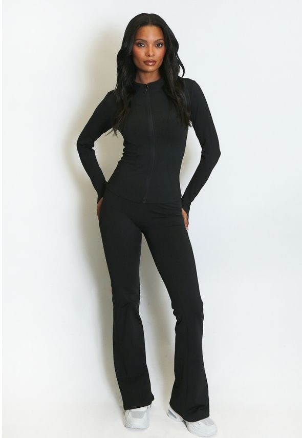 Fleece Lined Active Zip Top with Push Up Flare Trouser Black