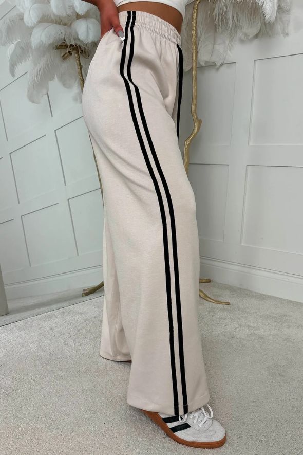 Beige Side Stripe Wide Leg Jogger