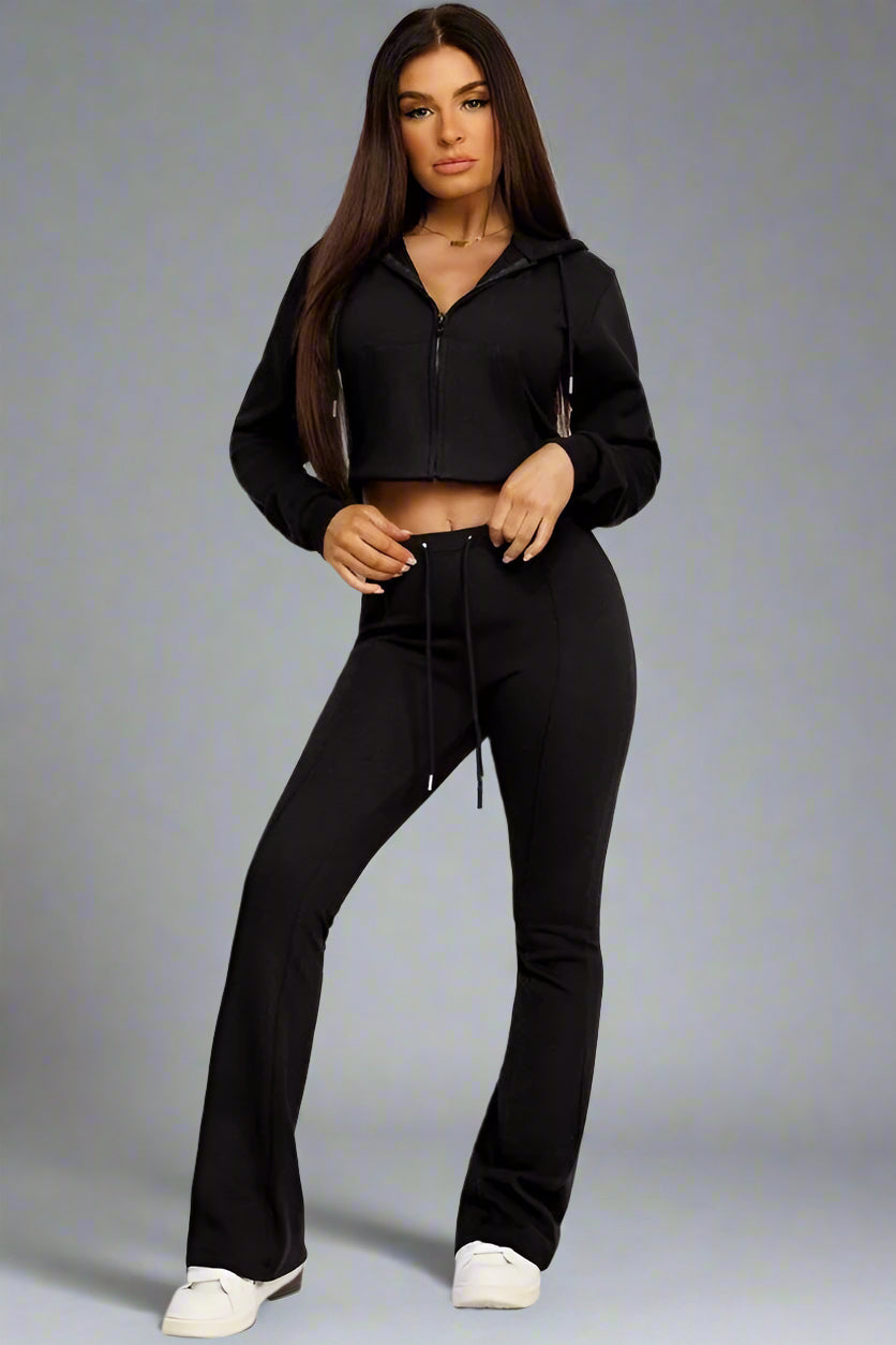 Black Cropped Bootcut Sweatshirt And Joggers Tracksuit
