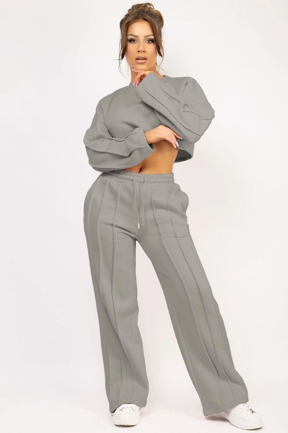 Dove GreyCropped Sweatshirt And Pintuck Detail Joggers Tracksuit