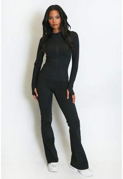 Fleece Lined Active Zip Top with Push Up Flare Trouser Black