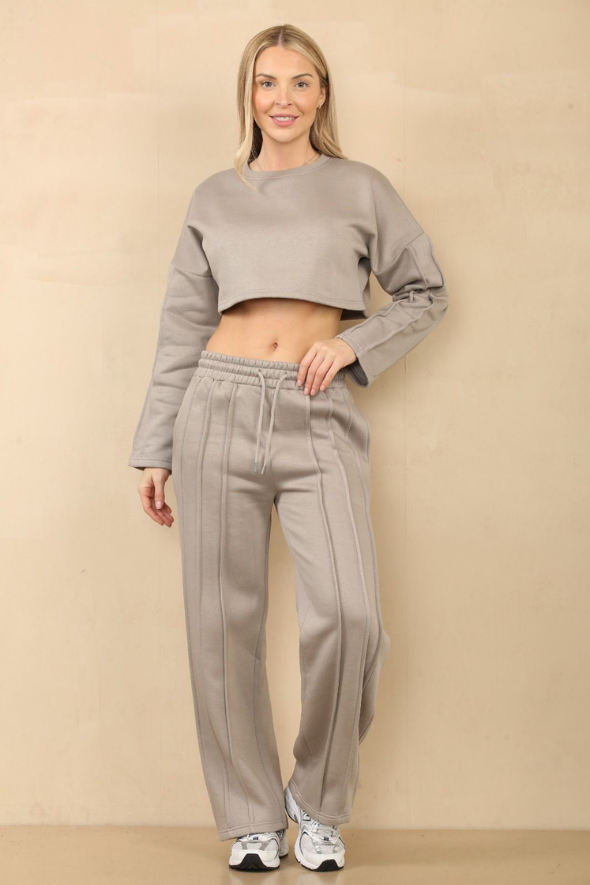 Crop Sweatshirt & Wide fit bottoms Set Stone