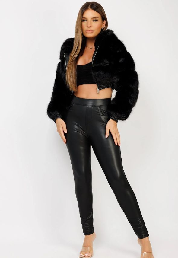 Black Cropped Hooded Faux Fur Tiered Coat Jacket