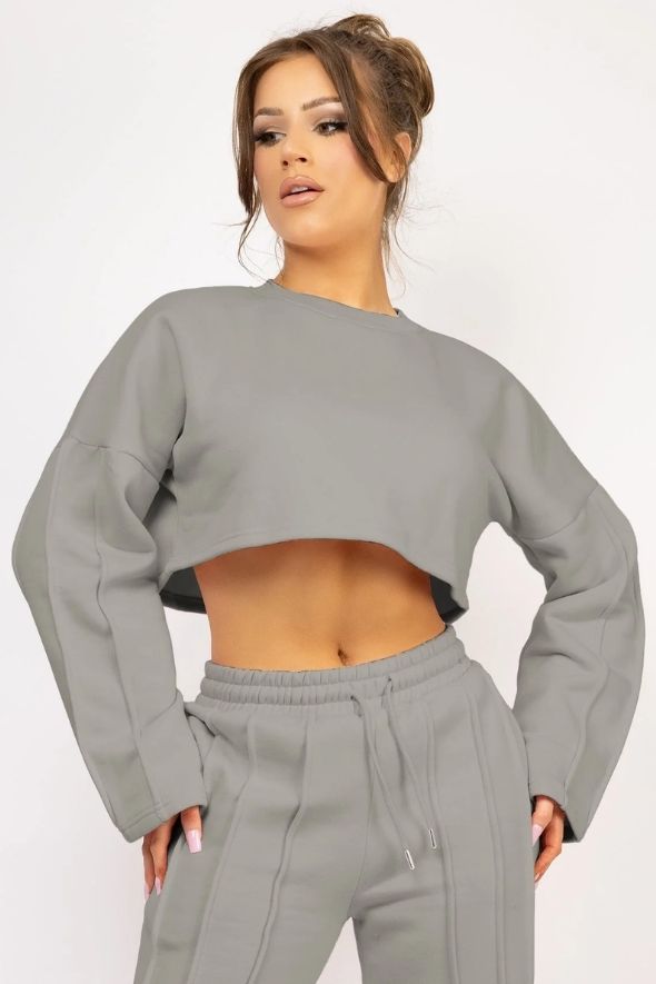 Dove GreyCropped Sweatshirt And Pintuck Detail Joggers Tracksuit