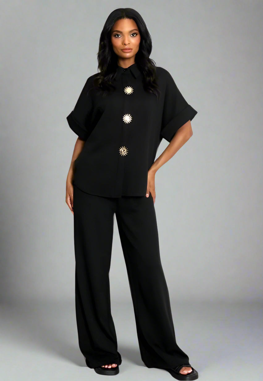 Sun Button Blouse And Trouser Set Black