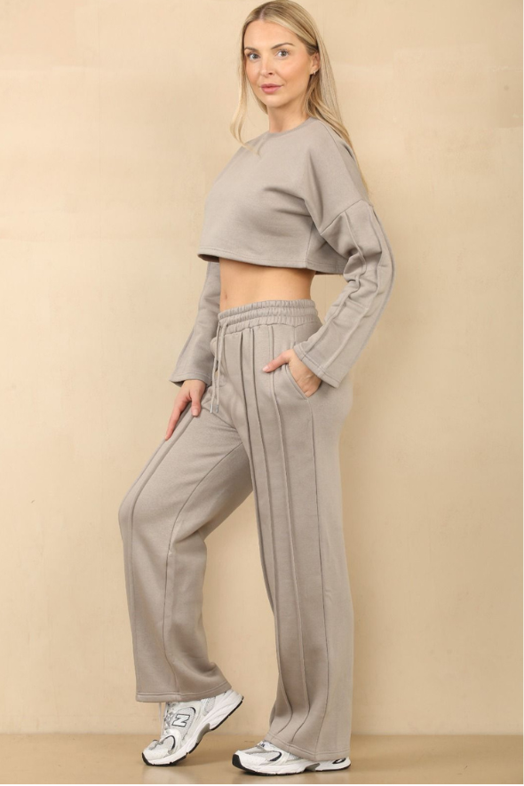 Crop Sweatshirt & Wide fit bottoms Set Stone