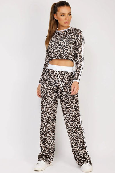 White Striped Leopard Print Ribbed Crop Top & Trousers Loungewear Set