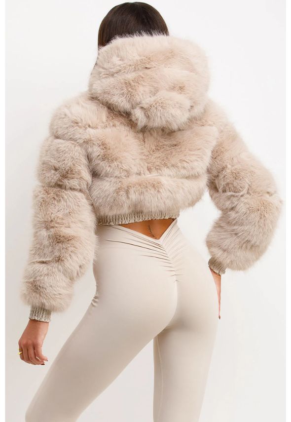 Crop Faux Fur Jacket With Hood Beige