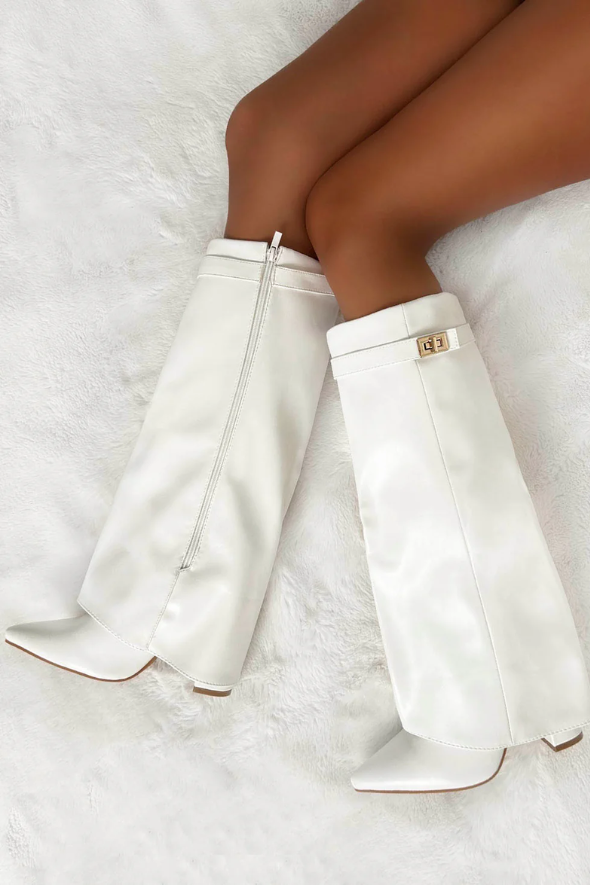 White Faux Leather Fold Over Knee High Shark Boots