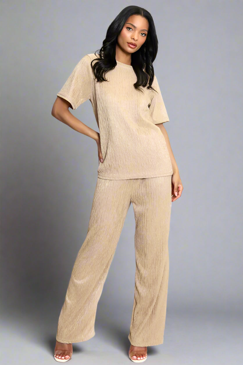 Asymmetric Hem Top And Wide Leg Trouser Co-Ord Taupe