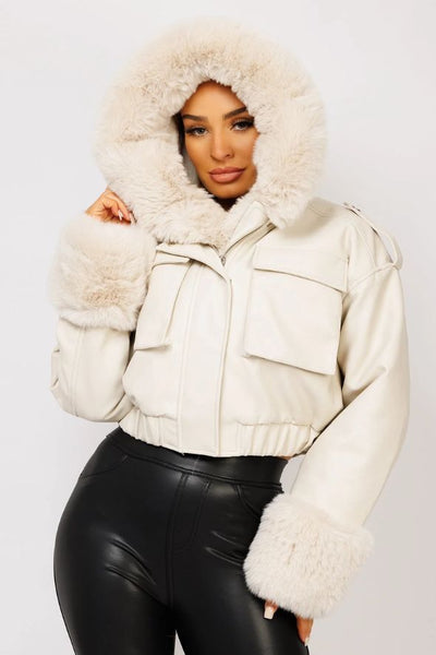 Beige Vegan Leather Faux Fur Trim Hooded Bomber Jacket