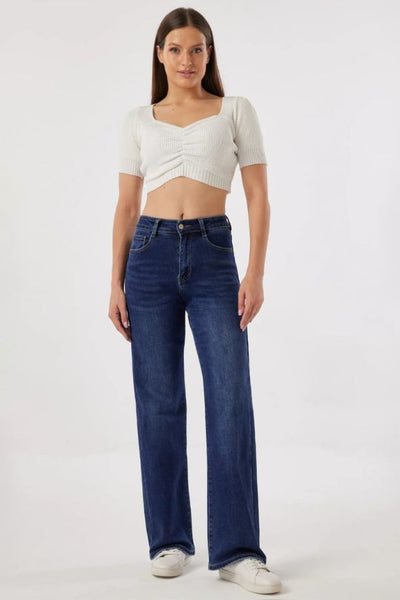 Denim Blue Wide Leg Stretch Jeans