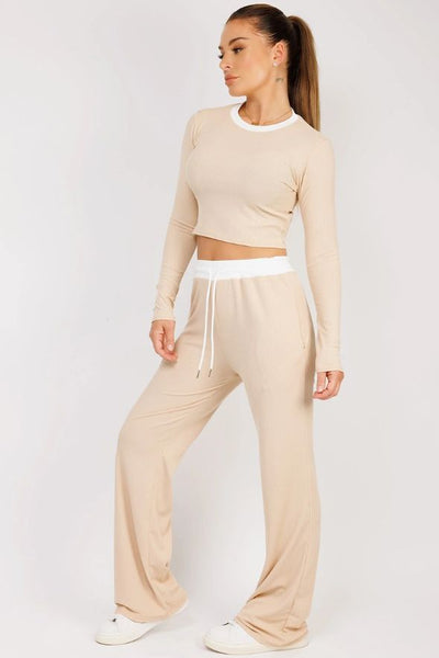 Beige Wide Leg Trousers and Long Sleeve Top Loungewear Set