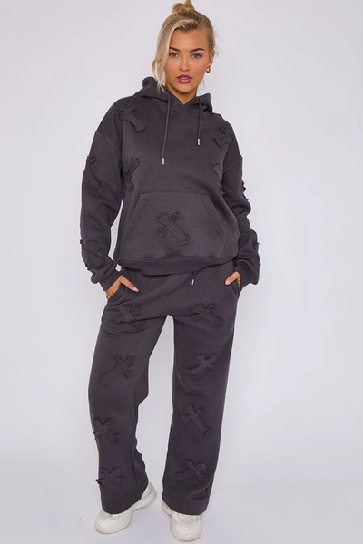 Oversized Crucifix Cross Hooded Tracksuit Dark Grey