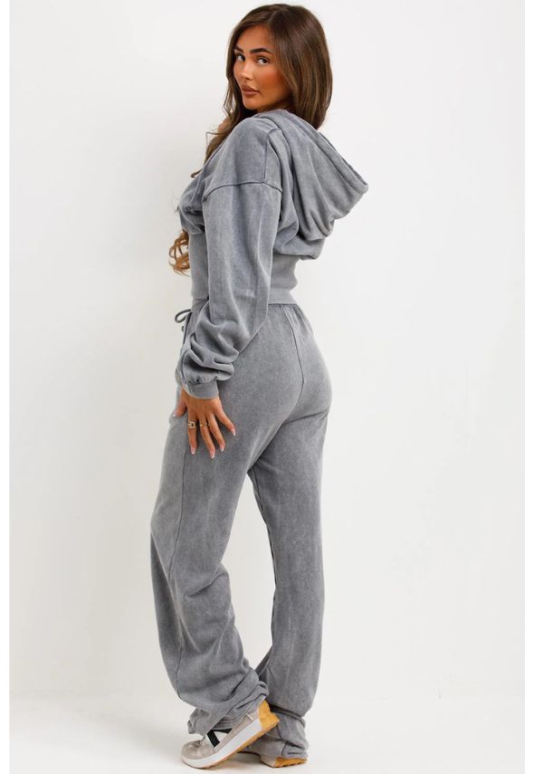 Crop Sweatshirt Hoodie And Bell Bottom Trousers Loungewear Silver Grey