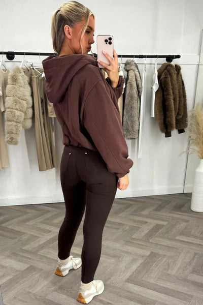 Hooded Jacket With Elastic Hem Brown