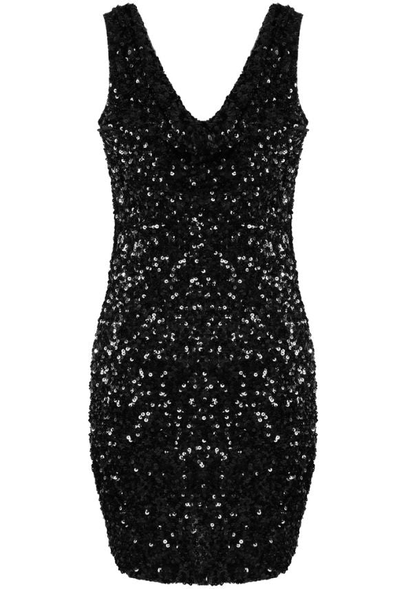 Cowl Neck Mini Dress in Sequin Black