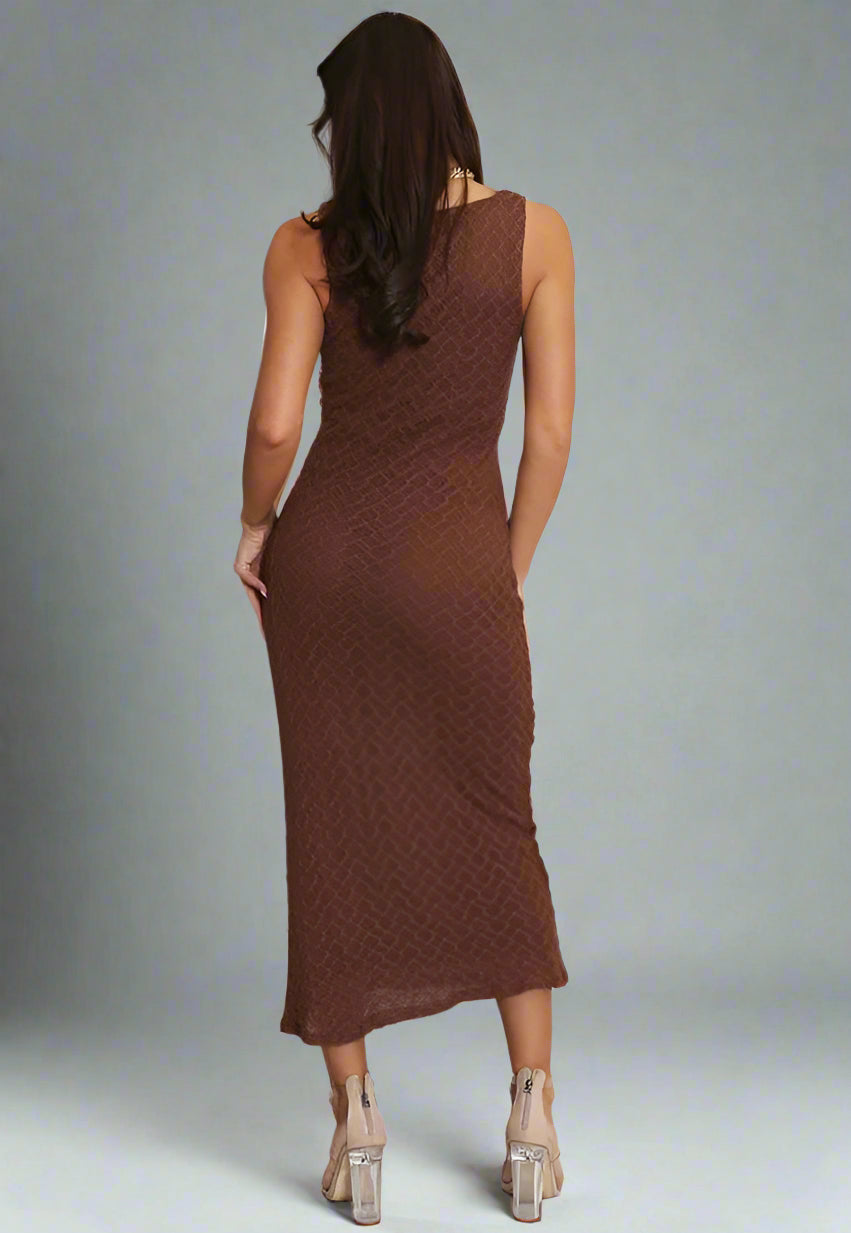 Lace Lined Sleeveless Midi Dress Brown