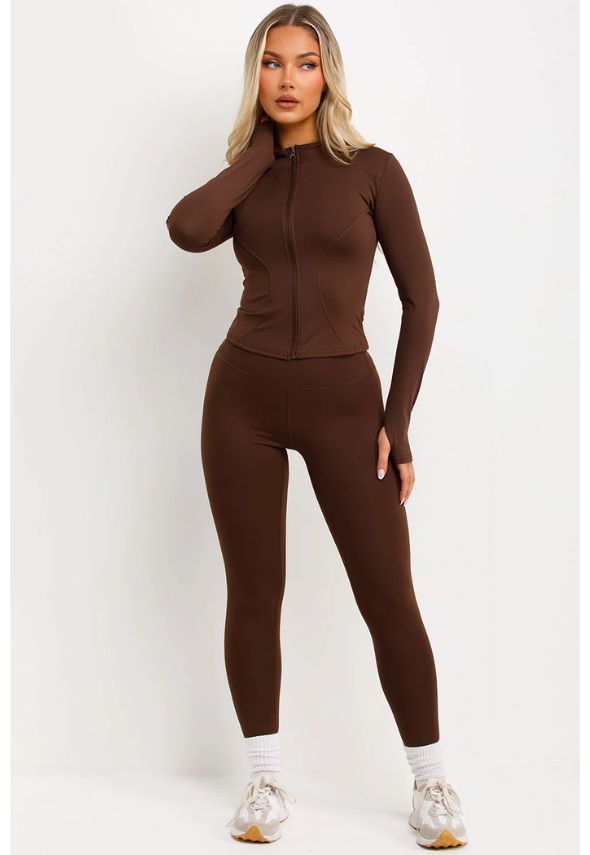 Zip Up Sports Jacket And Seamless Leggings Co Ord Set Brown