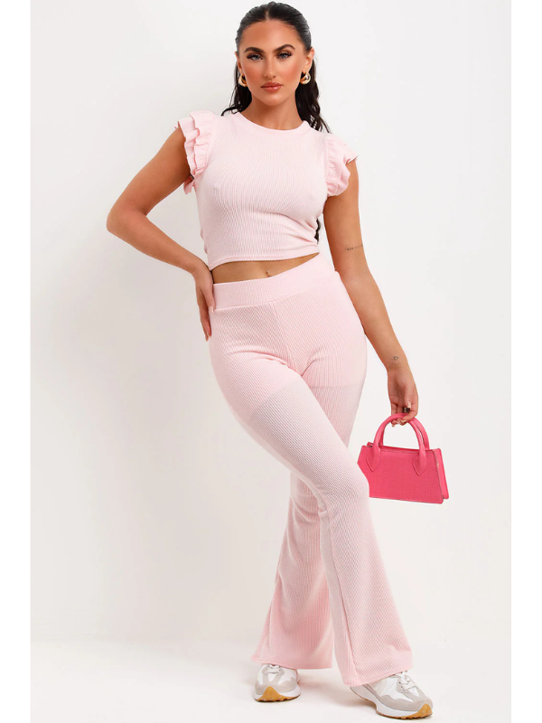 Frill Shoulder Top And Skinny Flare Trouser Set Ribbed Baby Pink