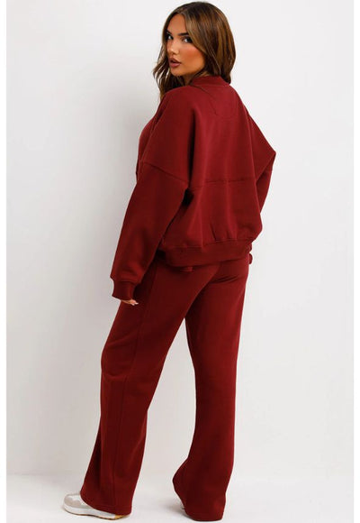 Bomber Sweatshirt With Zip And Joggers Loungewear Set Wine