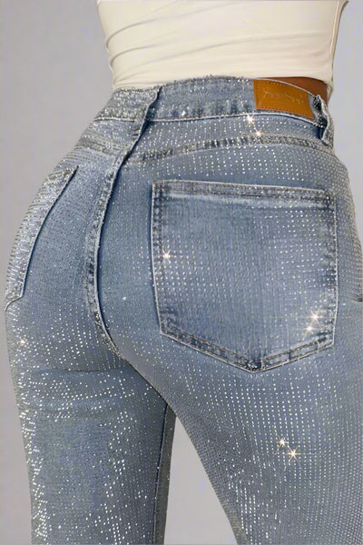 Bling Mid Blue Straight Leg Stretch Diamante Jean