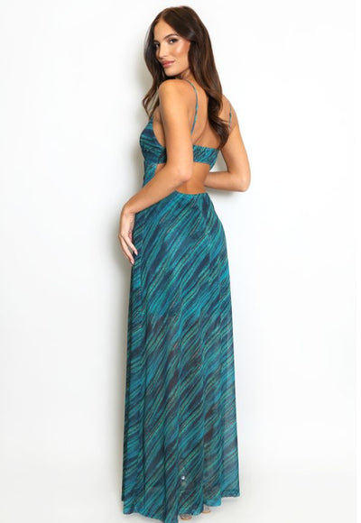 Printed Mesh Cut Out Back Maxi Dress Green
