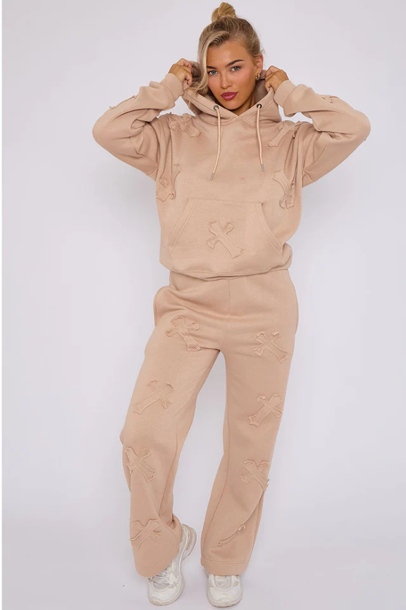 Oversized Crucifix Cross Hooded Tracksuit Beige