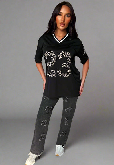 Black Football V Neck Jersey Top With Leopard Print Slogan