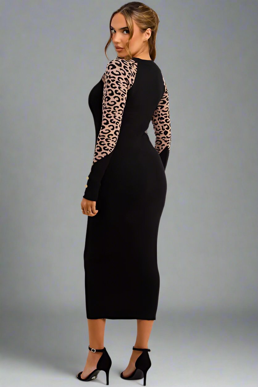 Knitted Jumper Midi Dress With Leopard Print Long Sleeves