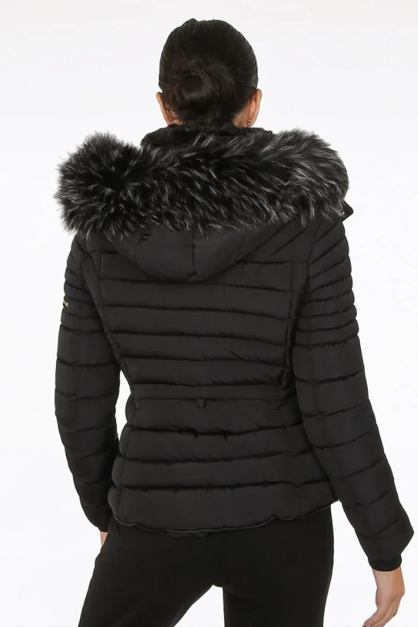 Black Faux Fur Hood Puffer Jacket