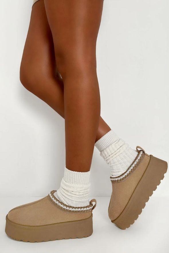 Luxury Sand Aztec Detail Faux Fur Lining Platform Boot