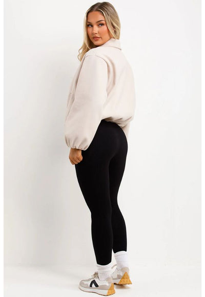 Puffed Bomber Jacket With Zip Beige