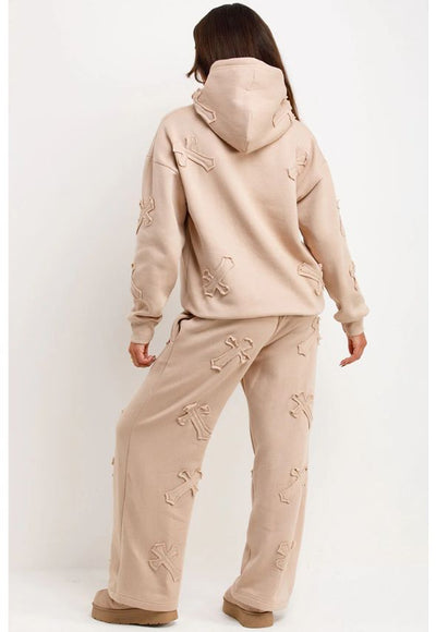 Crucifix Patch Hoodie And Joggers Tracksuit Lounge Set Beige