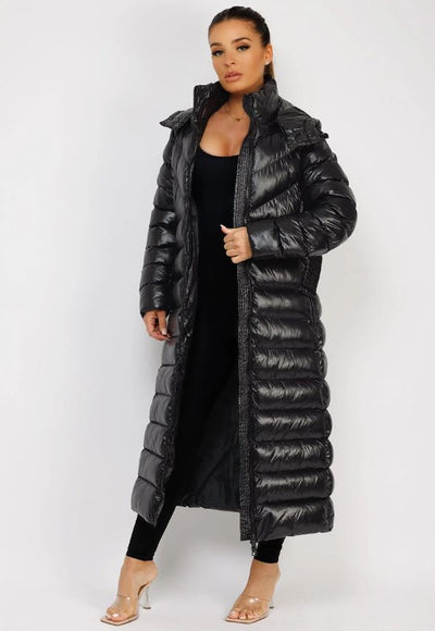 Black Long Padded Puffer Trench Coat Jacket With Hood & Belt