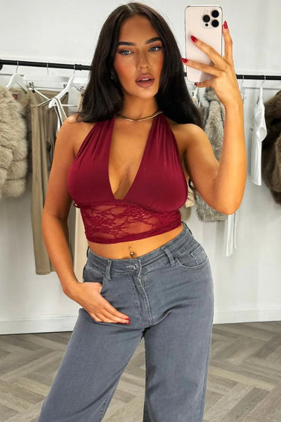 Burgundy Plunge Halter Neck Crop Top With Lace Hem